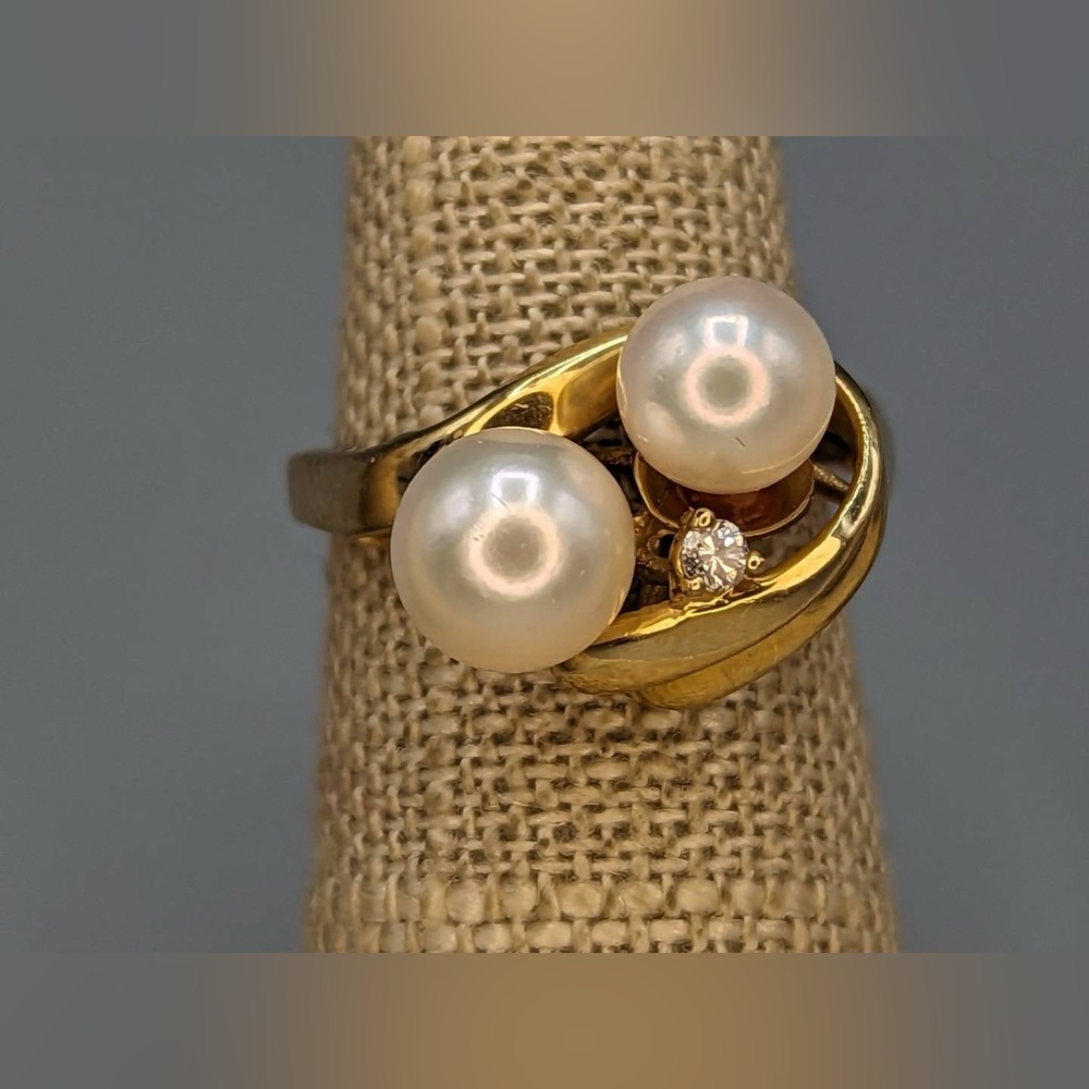 14K Solid Yellow Gold Pearl & Diamond Accent Ring Sz 5.25
